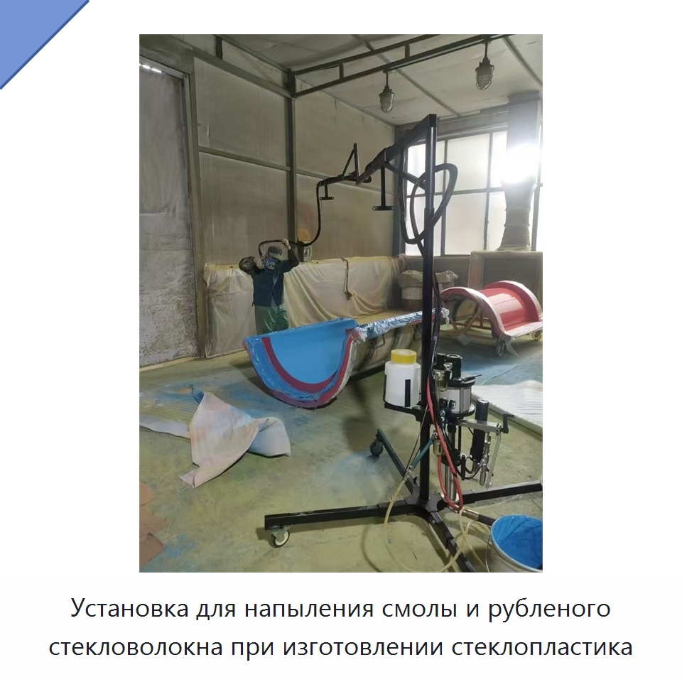 Установка для напыления смолы и рубленого стекловолокна при изготовлении стеклопластика — Строительная техника