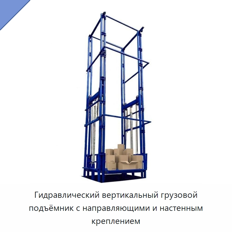 Гидравлический вертикальный грузовой подъёмник с направляющими и настенным креплением — Подъемные столы