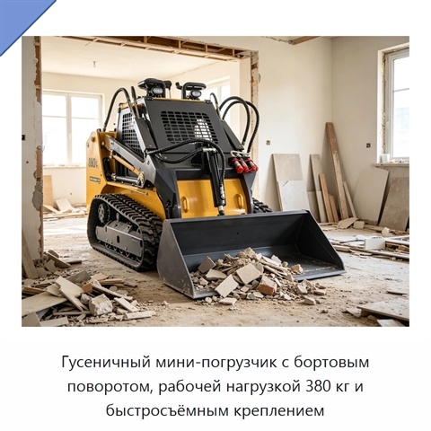 Гусеничный мини-погрузчик с бортовым поворотом, рабочей нагрузкой 380 кг и быстросъёмным креплением