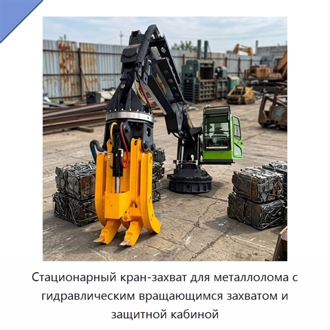 Стационарный кран-захват для металлолома с гидравлическим вращающимся захватом и защитной кабиной